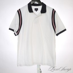 A FRESH ESSENTIAL! MENS NOAH SUPER RECENT WHITE AND NAVY STRIPED DETAIL POLO SHIRT L