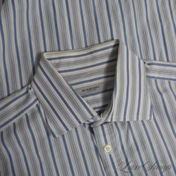 THE GOOD STUFF! MENS BURBERRY MADE IN ENGLAND (!) WHITE AND BLUE STRIPED FRENCH CUFF DRESS SHIRT 16