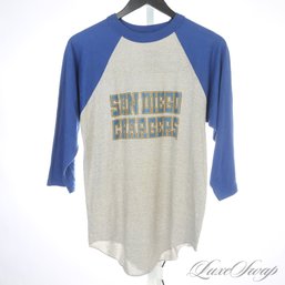 REAL DEAL VINTAGE 1980S LOGO 7 MADE IN USA SAN DIEGO CHARGERS GREY AND BLUE RAGLAN SLEEVE BASEBALL SHIRT M