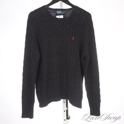 #1 PREPPY SUMMER ESSENTIAL: MENS POLO RALPH LAUREN NAVY BLUE CABLEKNIT RED PONY CREWNECK SWEATER L