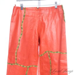 #548 BRAND NEW WITHOUT TAGS LATINI / MARIA VITTORIA FIRENZE TOMATO RED NAPPA LEATHER GREEN TWEED SWIRL PANTS 8