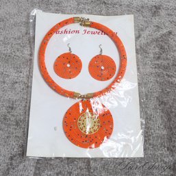 BRAND NEW UNUSED SUITE OF TWO ORANGE CONFETTI SPECKLED MICRO BEADED CIRCULAR NECKLACE AND EARRINGS