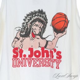 WHERES THE ALUMNI? REAL DEAL VINTAGE 1980S 90S WHITE ST. JOHNS UNIVERSITY INDIAN BASKETBALL PRINT TANK TOP XL