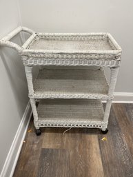 COTTAGECORE CLASSIC!! FANTASTIC FULL SIZE WHITE PAINTED WICKER 3-TIER STRAW WOVEN BAR CART