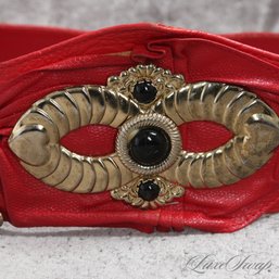 SUPER ORNATE VINTAGE 1980S RED CROCODILE AND LIZARD PRINT LEATHER JEWELED AND GOLD WIDE WAIST BELT WOW!