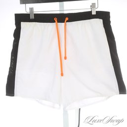 POOLSIDE EURO CHIC! MENS EMPORIO ARMANI WHITE / BLACK / ORANGE COLORBLOCK BATHING SUIT FITS ABOUT ML