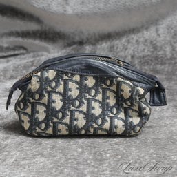 VERY COLLECTIBLE VINTAGE 1970S CHRISTIAN DIOR PARIS 'OBLIQUE' MONOGRAM CANVAS MAKEUP BAG WITH LEATHER TRIM