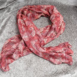 NEAR MINT LIGHTWEIGHT RODA MADE IN ITALY FLAX SILK BLEND RED TAUPE BATIK STAMP GAUZY SCARF