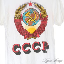 SPASIBO! REAL VINTAGE 1980S WHITE BIG GRAPHIC CCCP RUSSIAN UNION OF SOVIET REPUBLICS TEE SHIRT L