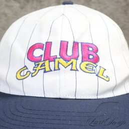 WILD VINTAGE 1992 CLUB CAMEL WHITE PINSTRIPED EMBROIDERED LOGO CIGARETTE BASEBALL DAD HAT CAP