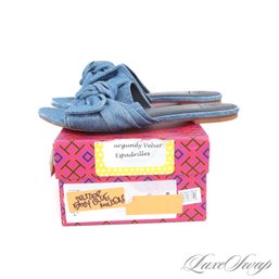 #3 ADORABLE TORY BURCH WASHED DENIM RUCHED BOW SELTZER FLAT SANDALS 9.5