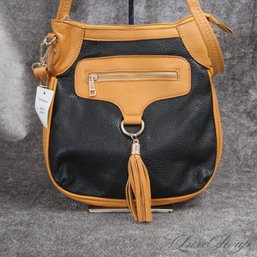 BRAND NEW WITH TAGS ANONYMOUS BLACK GRAINED LEATHERETTE AND CAMEL TRIM FLAT CROSSBODY BAG