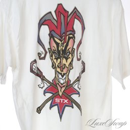 OH MAN THESE WERE A BIG DEAL! VINTAGE 1990S STX LACROSSE MADE IN USA WHITE JOKER GRAFFITI PRINT TEE SHIRT L