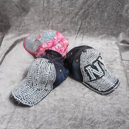 #1 LOT OF 3 BRAND NEW DEADSTOCK FULLY BLINGED JEWELED Y2K BASEBALL HATS - BEACH / BBQ PERFECT!
