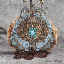 NEAR MINT AND COLLECTIBLE MARY FRANCES ORNATE COPPER TURQUOISE VELVET BROCADE SEQUIN EMBROIDERED BAG