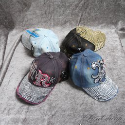 #4 LOT OF 4 BRAND NEW DEADSTOCK FULLY BLINGED JEWELED Y2K BASEBALL HATS - BEACH / BBQ PERFECT!