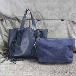 3 FOR ONE! MODERN AND TRAVEL PERFECT INZI NAVY BLUE TUMBLED LEATHER HANDBAG WITH 2 INTERIOR VELVET ORGANIZERS