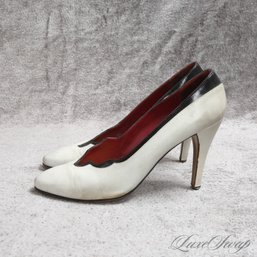 #23 INCREDIBLE VINTAGE YVES SAINT LAURENT PARIS WHITE LEATHER AND BLACK TRIM SCALLOPED SHOES 7.5