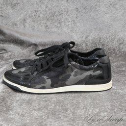 #34 INCREDIBLY COOL PRADA GREY/BLACK MICROFIBER CAMOUFLAGE AND PATENT LEATHER LOW SNEAKERS 38