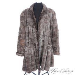 AN INCREDIBLE SMOKED BROWN INFUSED GREY GENUINE SHEARED MINK FUR DIAMOND SLICED LONG COAT EST. SIZE L