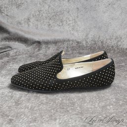 #37 WELL HELLO THERE, STUD! EXPENSIVE JIMMY CHOO BLACK SUEDE GOLD STUDDED FLAT LOAFERS WOMENS 37