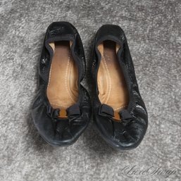 #2 A CONSERVATIVE FAVORITE! SALVATORE FERRAGAMO BLACK GLAZED LEATHER ROLLABLE BALLET FLAT SHOES 8.5