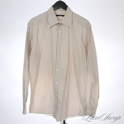 MEGA EXPENSIVE AND NEAR MINT MENS GUCCI MADE IN ITALY WHITE / MOCHA STRIPE BUTTON DOWN DRESS SHIRT 16.5