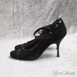 #7 NEAR MINT IN BOX EXPENSIVE COACH 'LAURYN' BLACK SUEDE AND PATENT LEATHER ANKLE STRAP SHOES 7.5
