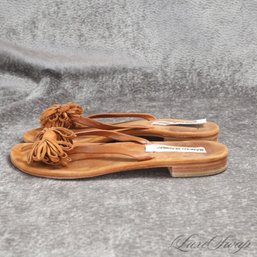 #6 FIREWORKS FOR YOUR FEET! MANOLO BLAHNIK MADE IN ITALY TOBACCO SUEDE SPAGHETTI EXPLOSION THONG SANDALS 38.5