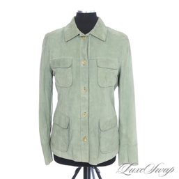 #381 BRAND NEW WITH TAGS LATINI / MARIA VITTORIA FIRENZE PALE CELADON GREEN CHEVRE SUEDE 4 PKT FIELD COAT 44
