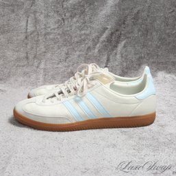 #10 BRAND NEW WITHOUT BOX RECENT MENS ADIDAS 'LAST FRONTIER' EGGSHELL AND BLUE STRIPE SNEAKERS 10