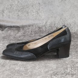 #13 SALVATORE FERRAGAMO MADE IN ITALY BLACK SUEDE AND LIZARD PRINT LEATHER U-CAP LOW HEEL SHOES 7 AA