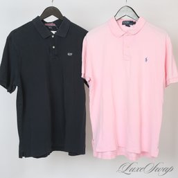 LOT OF 2 MENS POLO RALPH LAUREN AND VINEYARD VINES SOLID PINK AND NAVY PIQUE POLO SHIRTS L