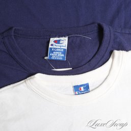 LOT OF 2 MENS VINTAGE CHAMPION MADE IN USA SOLID WHITE AND BLUE THICK CREWNECK TEE SHIRTS L / XL
