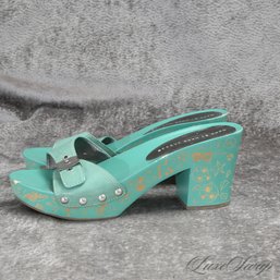 #17 SUPER FUN MARC JACOBS SEAFOAM GREEN LEATHER STRAP AND PAINTED WOOL ALIEN SKULL CLOG SANDALS 38