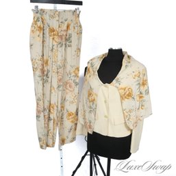 BEYOND STUNNING! BYBLOS MADE IN ITALY ECRU VICTORIAN ROMANTIC FLORAL CAPE OVERLAY JACKET / PANTS ENSEMBLE 40