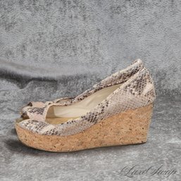 #18 $500 PLUS JIMMY CHOO NATURAL MOCHA SNAKESKIN PRINT PEEPTOE CORK SOLE SHOES 37.5