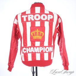 INSANELY RARE VINTAGE EARLY 1990S TROOP CHAMPION RED AND WHITE STRIPED LEATHER EFFECT JACKET MENS M