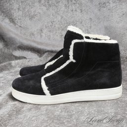 #20 THESE ARE VERY VERY GOOD! PRADA BLACK SUEDE WHITE TRIMMED GENUINE SHEARLING FUR SUEDE SNEAKER SHOES 39