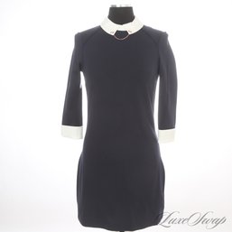 PRIM AND PROPER! EXPENSIVE TED BAKER LONDON NEAR MINT NAVY BLUE WHITE COLLAR/CUFF STRETCH 3/4 SLEEVE DRESS 2