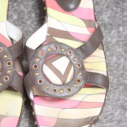 #26 ABSOLUTELY KILLER EMILIO PUCCI FIRENZE SIGNATURE FANTASIA PRINT CIRCLE COIN FLAT SANDALS