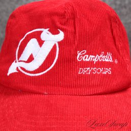 VINTAGE 1980S CAMPBELLS DRY SOUPS NEW JERSEY DEVILS RED CORDUROY SNAPBACK HAT