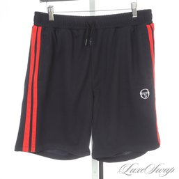 NEAR MINT AND RECENT MENS SERGIO TACCHINI NAVY BLUE RED SIDE STRIPE SUMMER SHORTS L