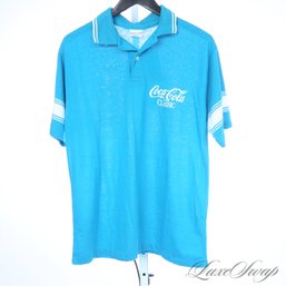 COKE COLLECTORS! VINTAGE 1980S COCA COLA CLASSIC ON PRINT-ONS TAG TURQUOISE BLUE SOFT THIN POLO SHIRT MENS L