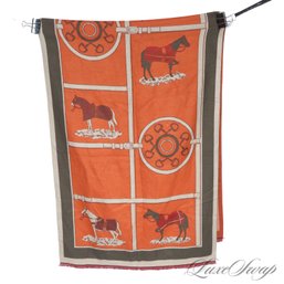 MASSIVE AND FANTASTIC ANONYMOUS 56' ORANGE AND GREEN MULTI EQUESTRIAN VIGNETTE HERMES STYLE PRINT SHAWL SCARF