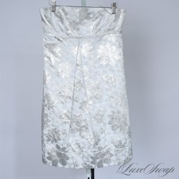 BRAND NEW WITH TAGS $395 SHOSHANINA SILVER METALLIC JACQUARD FLORAL STRAPLESS PARTY DRESS 6