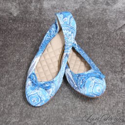 #9 BRAND NEW WITHOUT BOX J. MCLAUGHLIN WHITE AND AQUA BLUE PAISLEY BOW FRONT BALLET FLAT SHOES 8