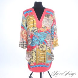 THIS IS REALLY GOOD. J. MCLAUGHLIN 100 PERCENT SILK CORAL/MULTI VERSACE ESQUE NEOCLASSIC PRINT L/S DRESS 8