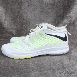 #18 NEAR MINT AND SUMMER PERFECT MENS NIKE WHITE AND NEON GREEN 844406-107 TRAIN QUICK SNEAKERS 11.5
