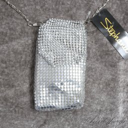#1 BRAND NEW WITH TAGS SILVER METAL MESH AND CRYSTAL DECO FLAPPED TOP MINI BAG / PHONE CASE